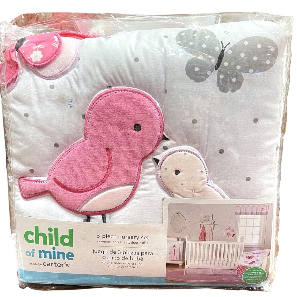VTG NEW Child of Mine: Pink Little Birds and Friends 3 pc Crib Set by Carter's